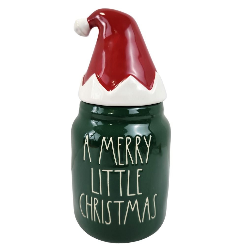 Rae Dunn A Merry Little Christmas Canister Treat Jar w Santa Hat Lid 9" EUC
